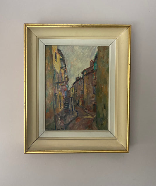 Mid Century Street Scene Oil Painting 1958
