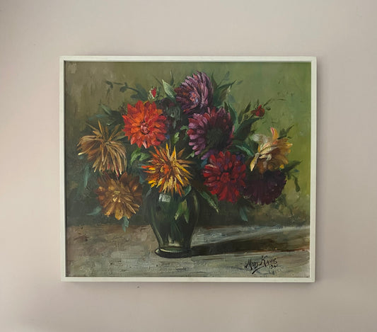 Mid Century Vibrant Floral Oil Painting on Canvas 1941