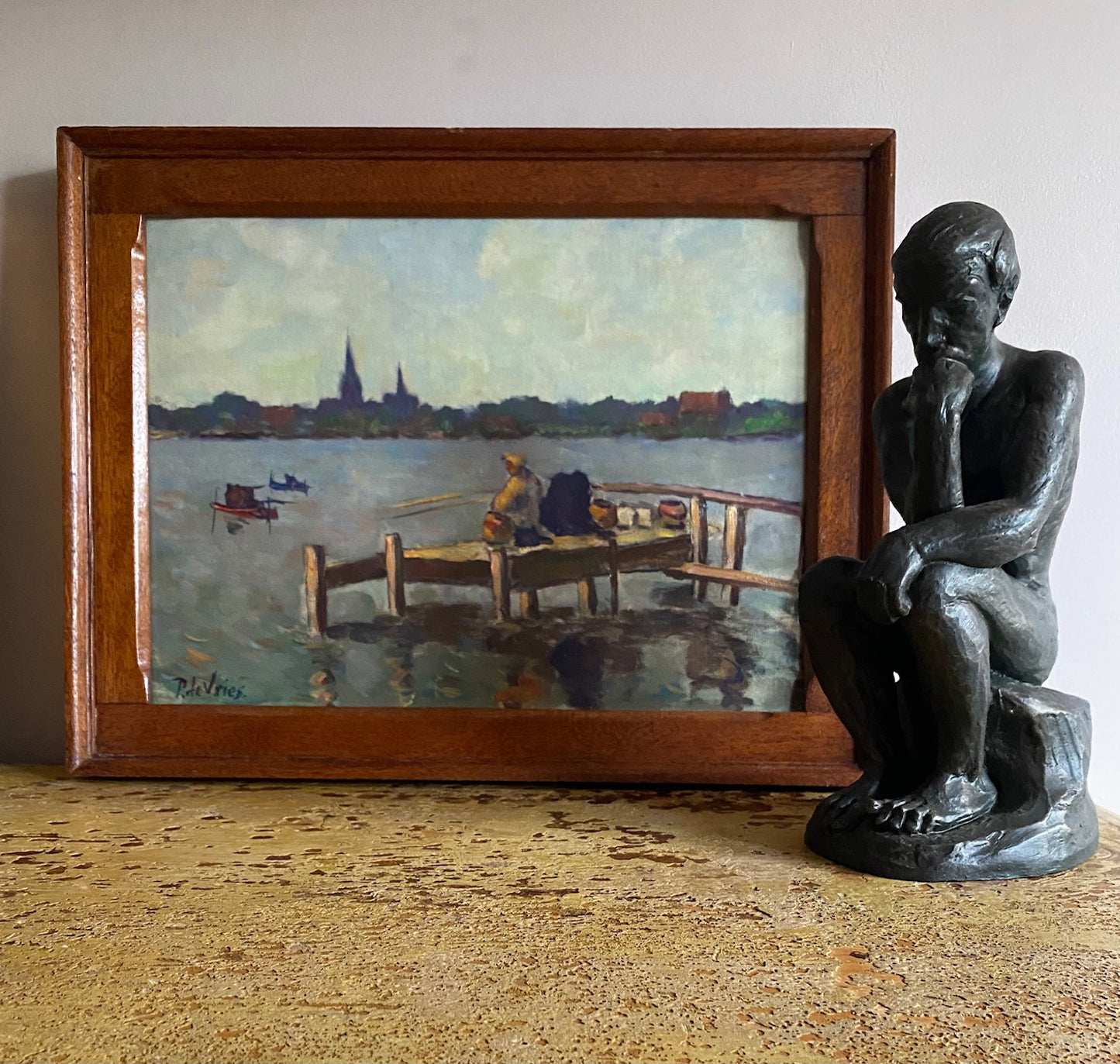 SALE - P. De Vries - A Fisherman on the Jetty Oil Painting