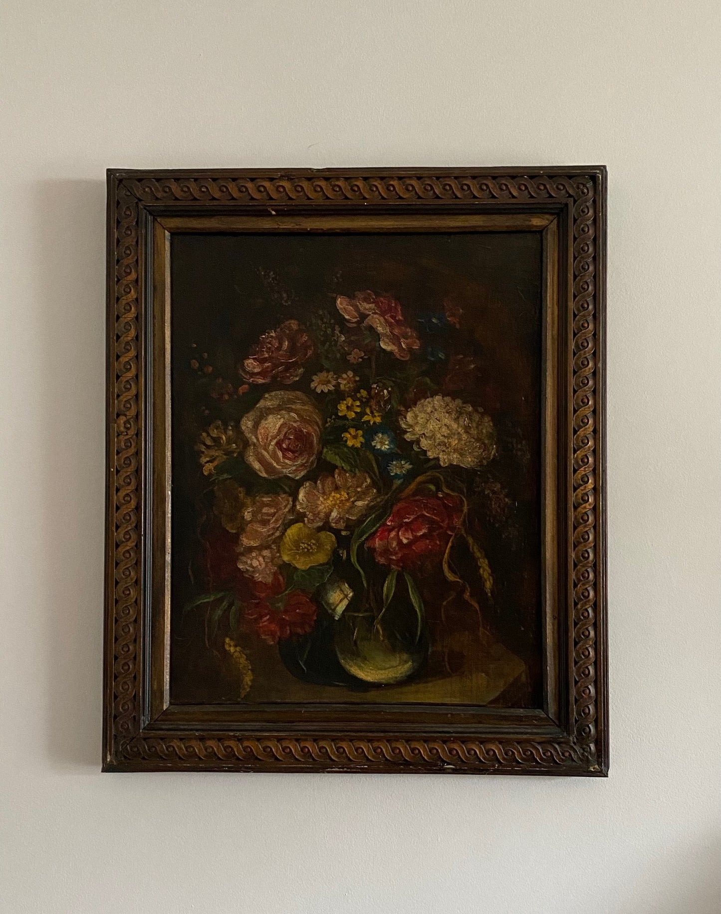 Flowers in a Glass Vase Oil Painting on Board - Framed