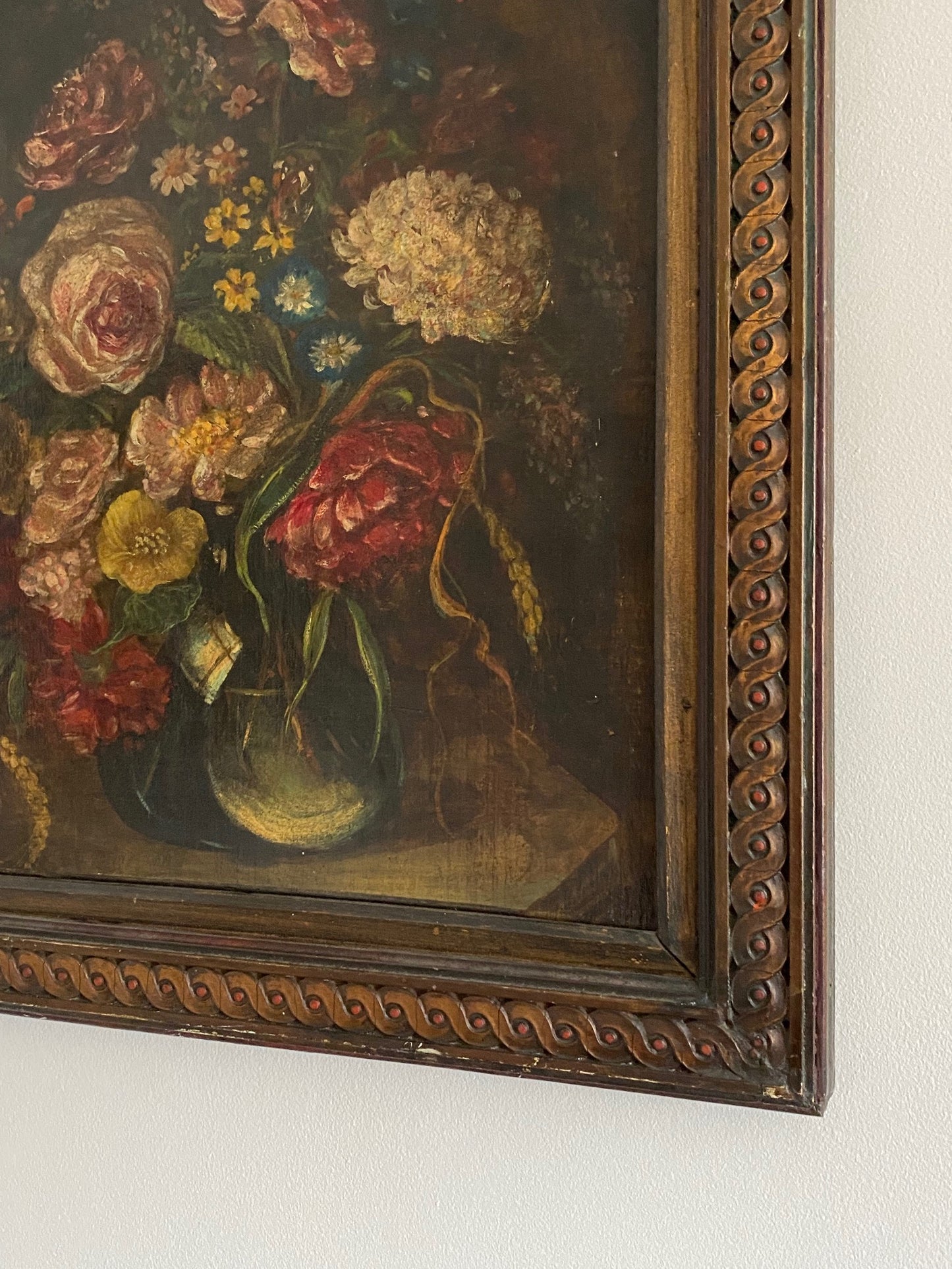 Flowers in a Glass Vase Oil Painting on Board - Framed