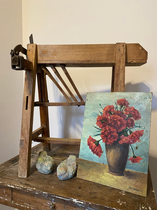 Red Floral Oil Painting on Board