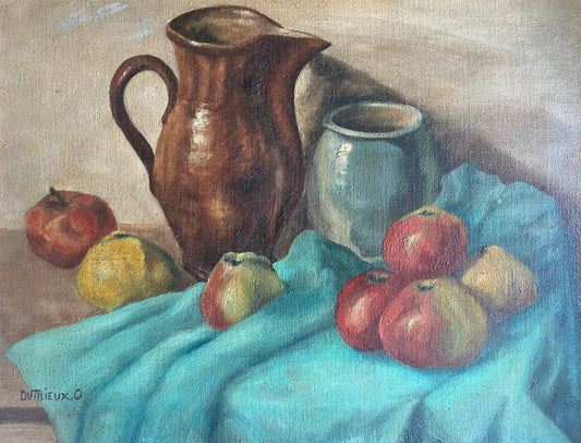 Mid Century Apples and Jug Oil Painting