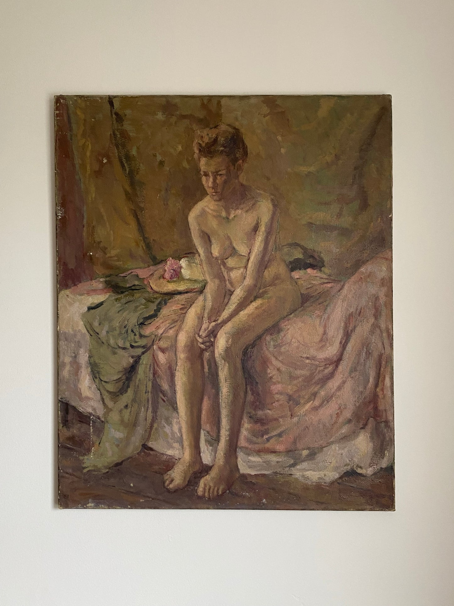 Green and Pink Nude Lady Portrait Oil Painting