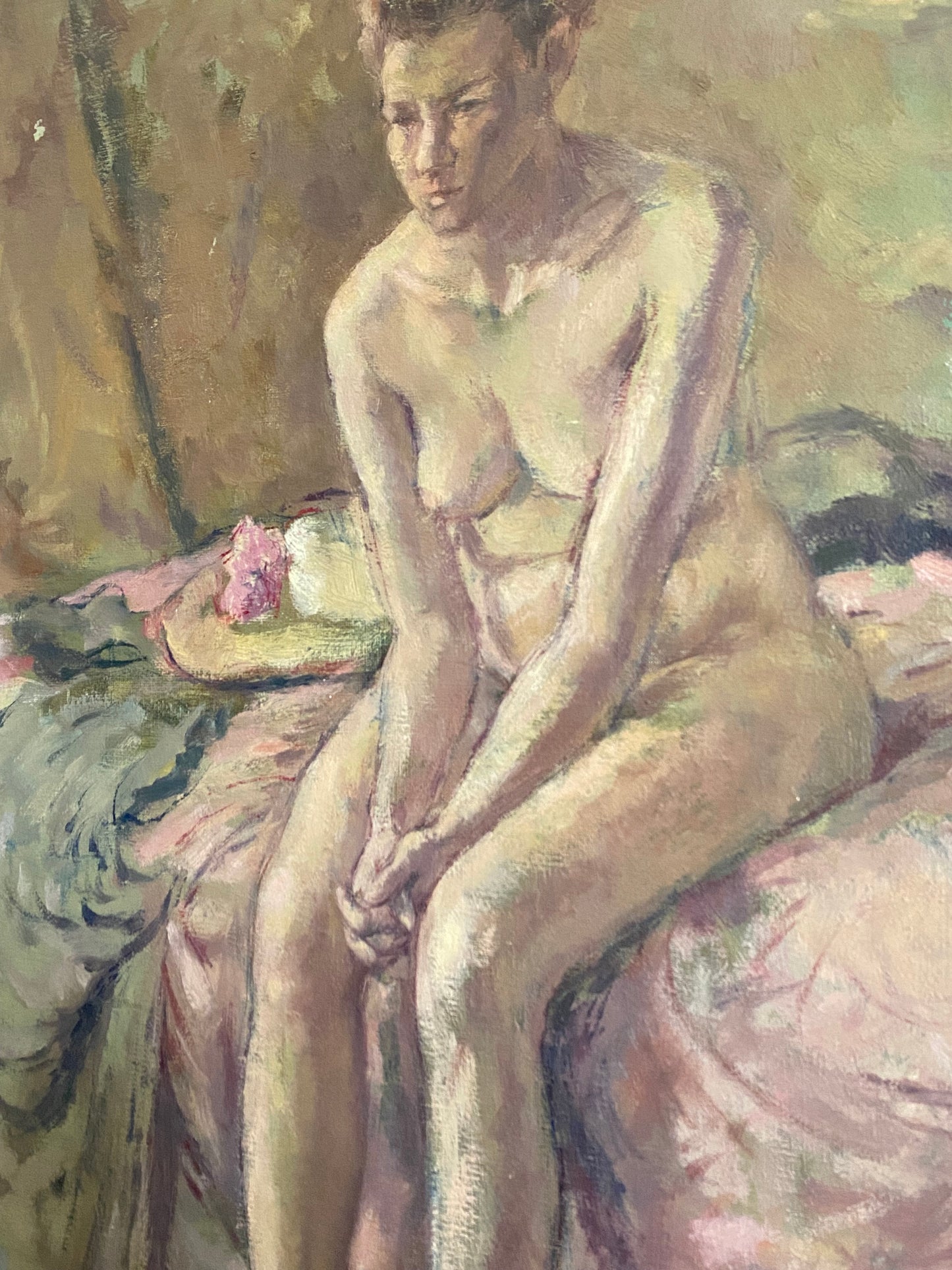 Green and Pink Nude Lady Portrait Oil Painting