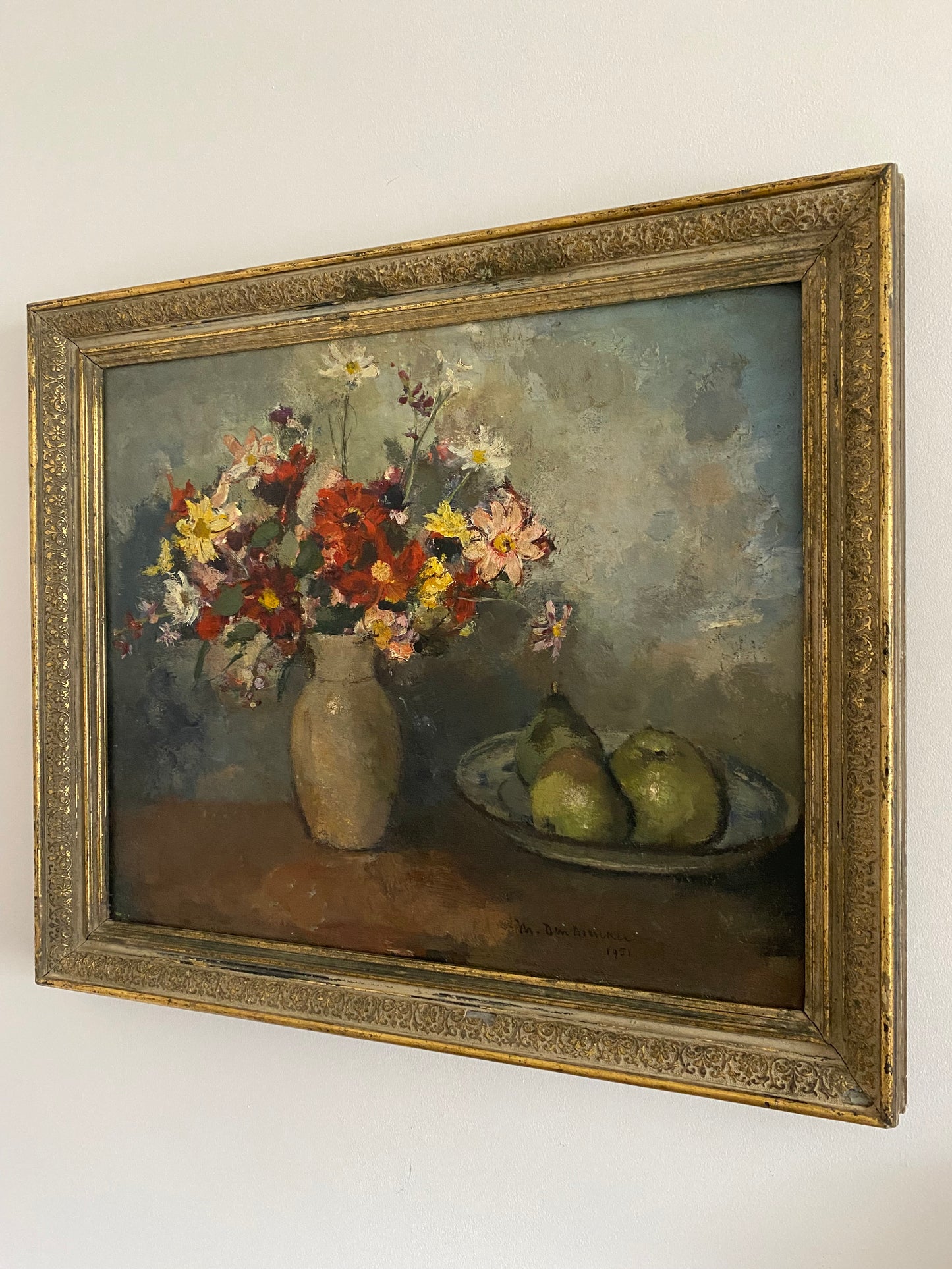 SALE - 1951 Apples and Flowers Oil on Canvas