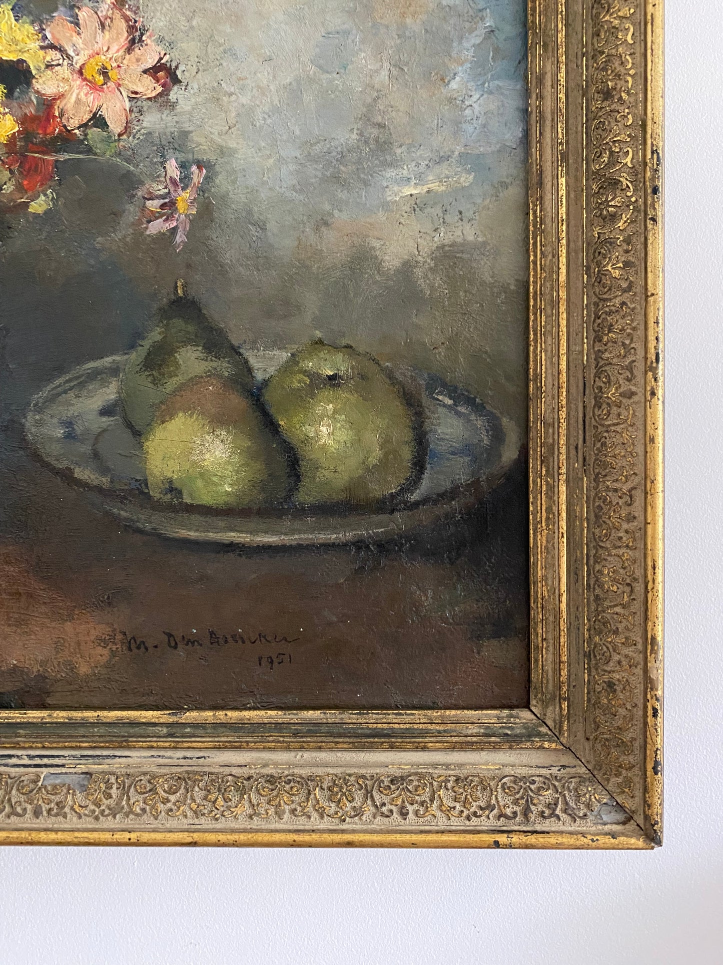 SALE - 1951 Apples and Flowers Oil on Canvas