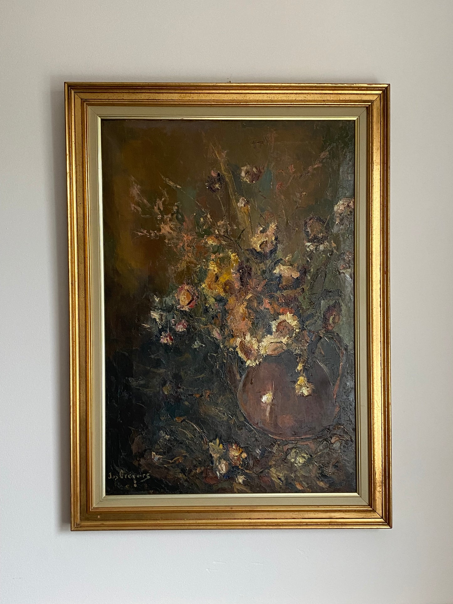 SALE - Jos. Gregoirs Brown Kettle Floral Oil on Canvas