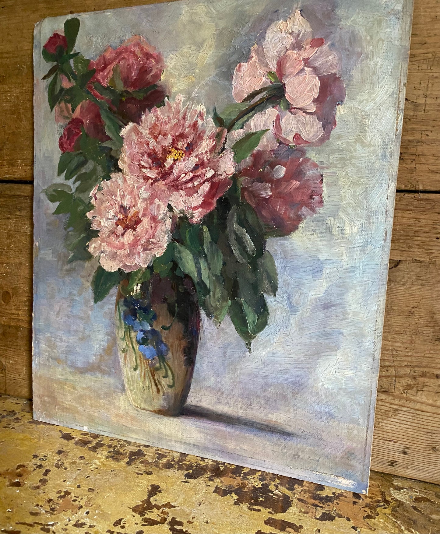 Pretty Peonies on Board Oil Painting