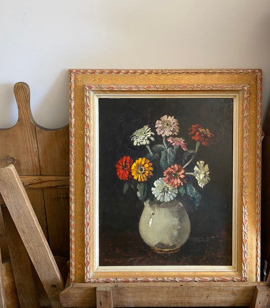 Zwart Floral Still Life Oil Painting on Board - Framed