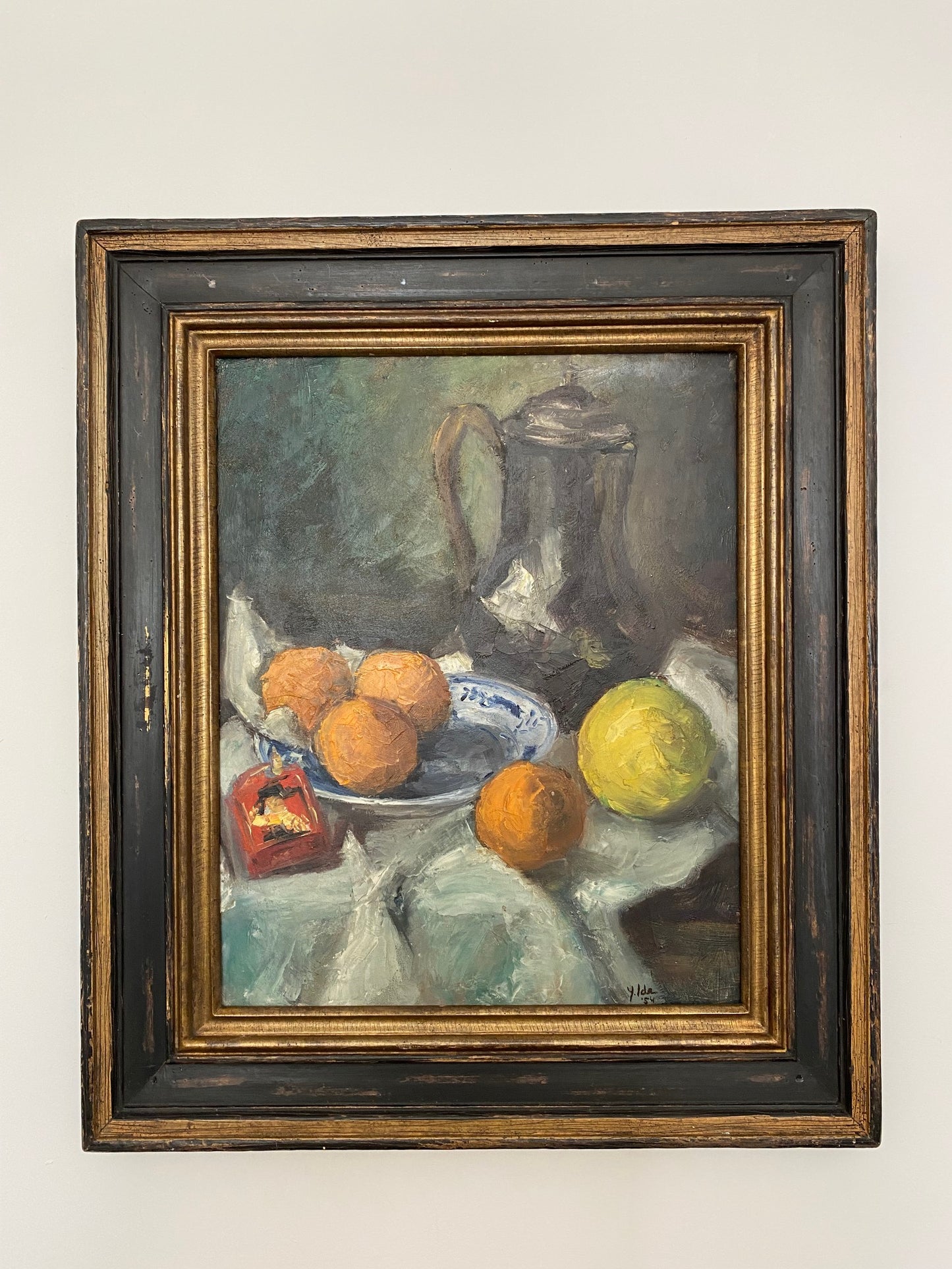 Mid Century Still Life Fruits Oil on Board Framed 1954