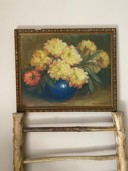 Pretty Peonies in Blue Vase Oil Painting Gilt Frame