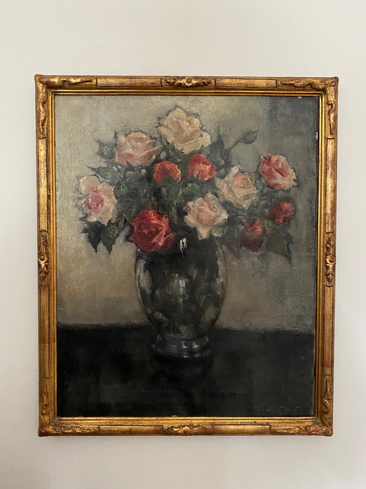 Unusual Roses Oil Painting Gilt Frame