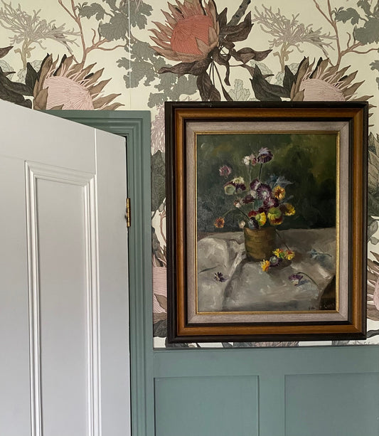 Mid Century Floral Oil on Board Dated 1954