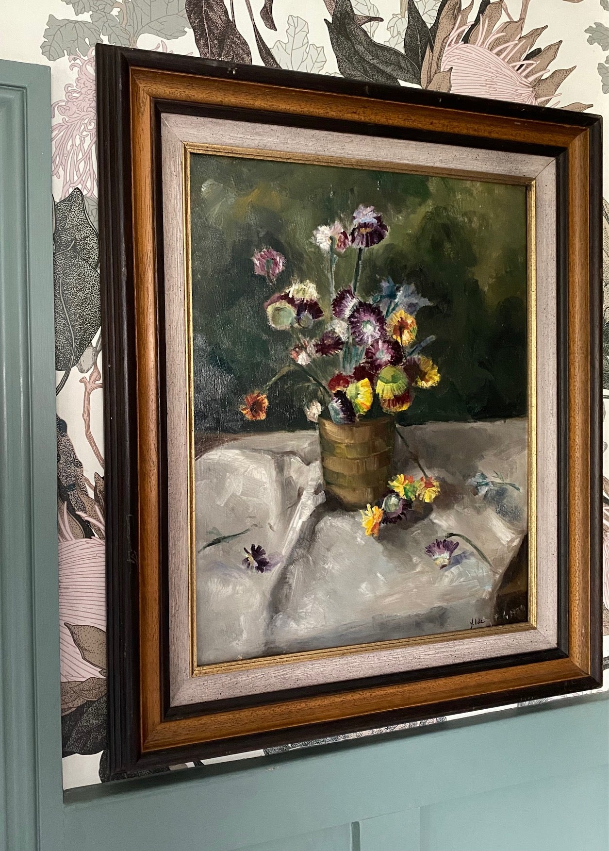 Mid Century Floral Oil on Board Dated 1954