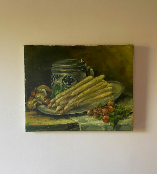 Mid Century Still Life Asparagus Oil on Canvas Devolder