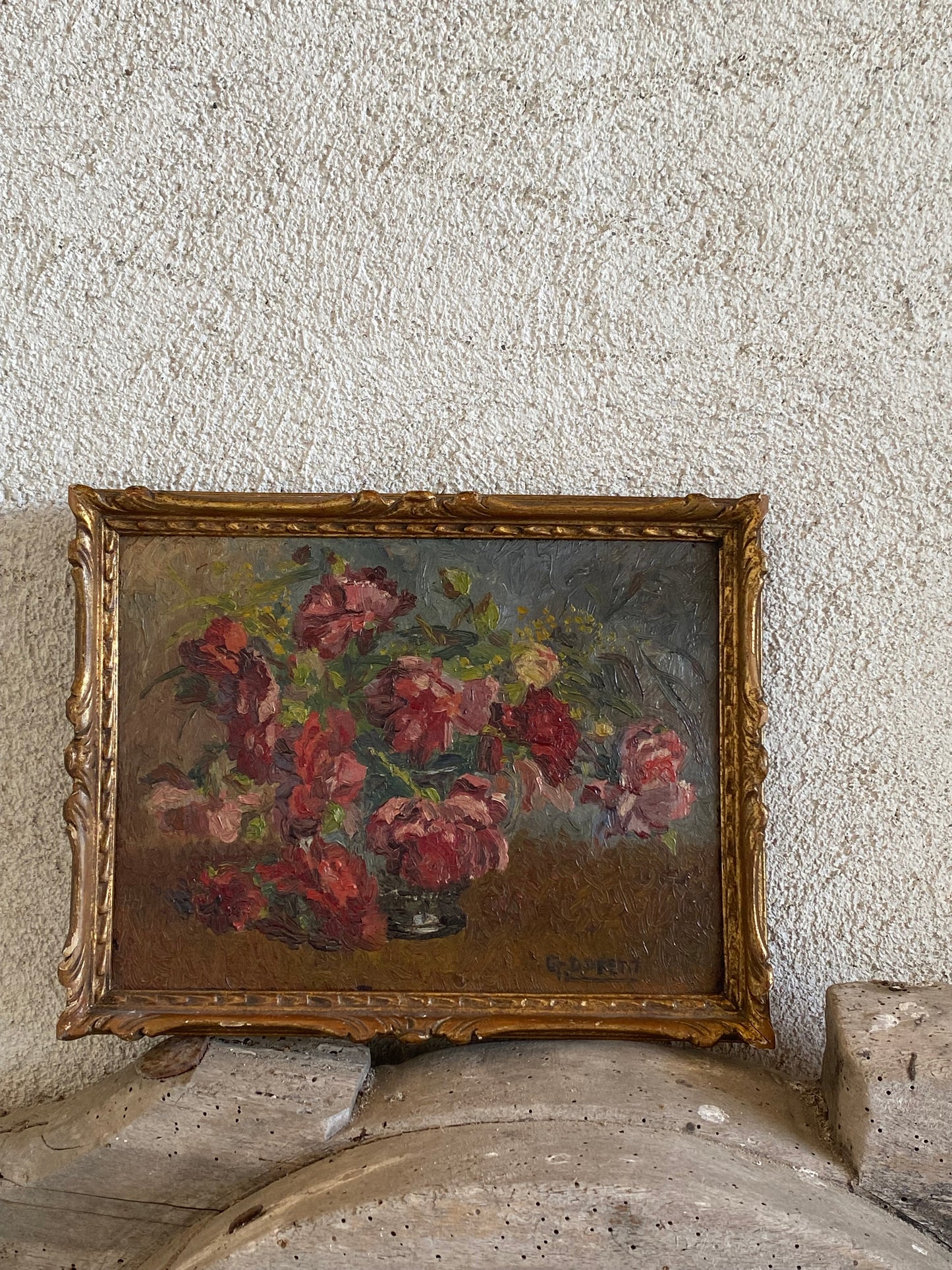 G. Du Petit Roses 19th Century Oil Painting in Gilt Frame