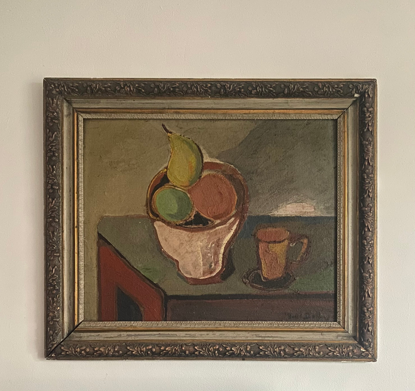 J Delhaye Bowl of Fruit Still Life Oil Painting