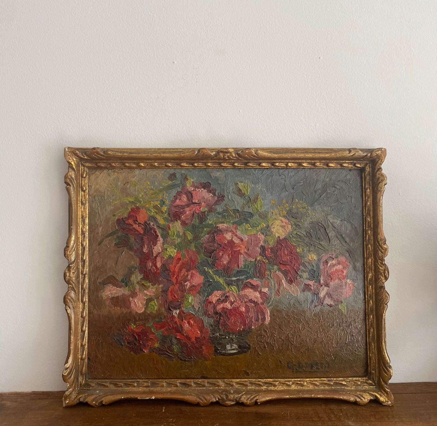 G. Du Petit Roses 19th Century Oil Painting in Gilt Frame