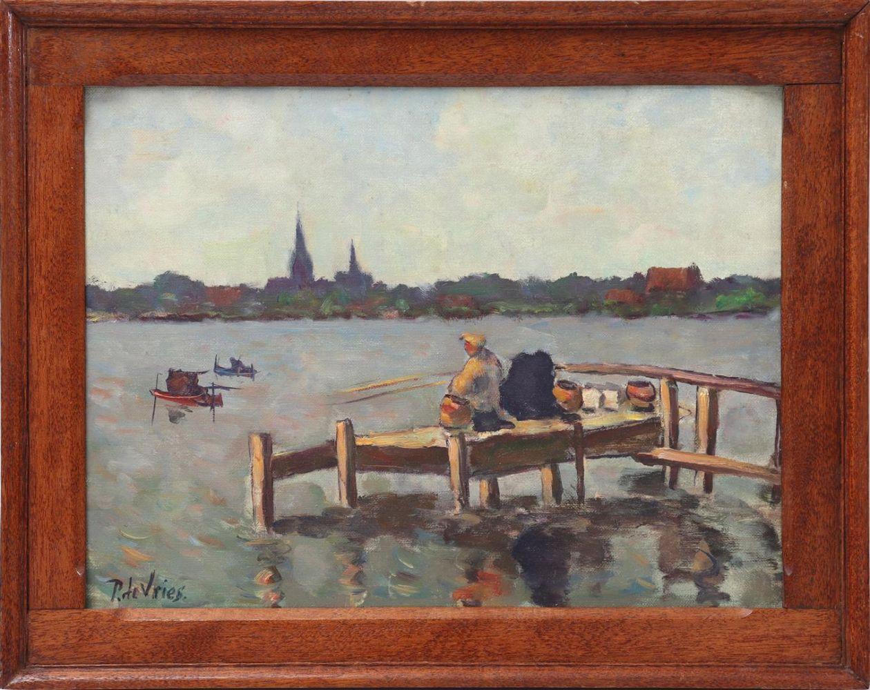 SALE - P. De Vries - A Fisherman on the Jetty Oil Painting