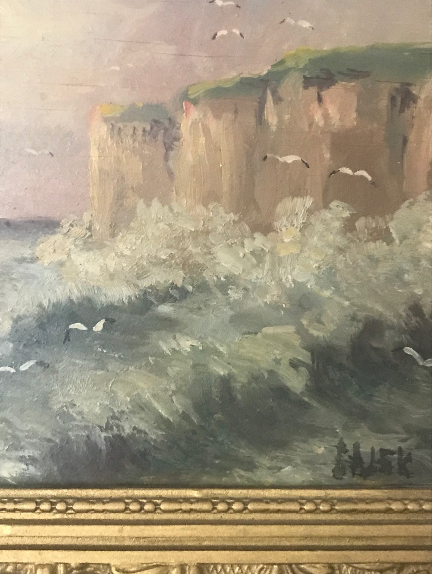 Seagulls on Sea - Oil on Board Framed