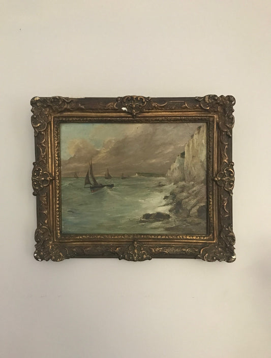 Stormy Seas French Oil on Board in Gilt Frame