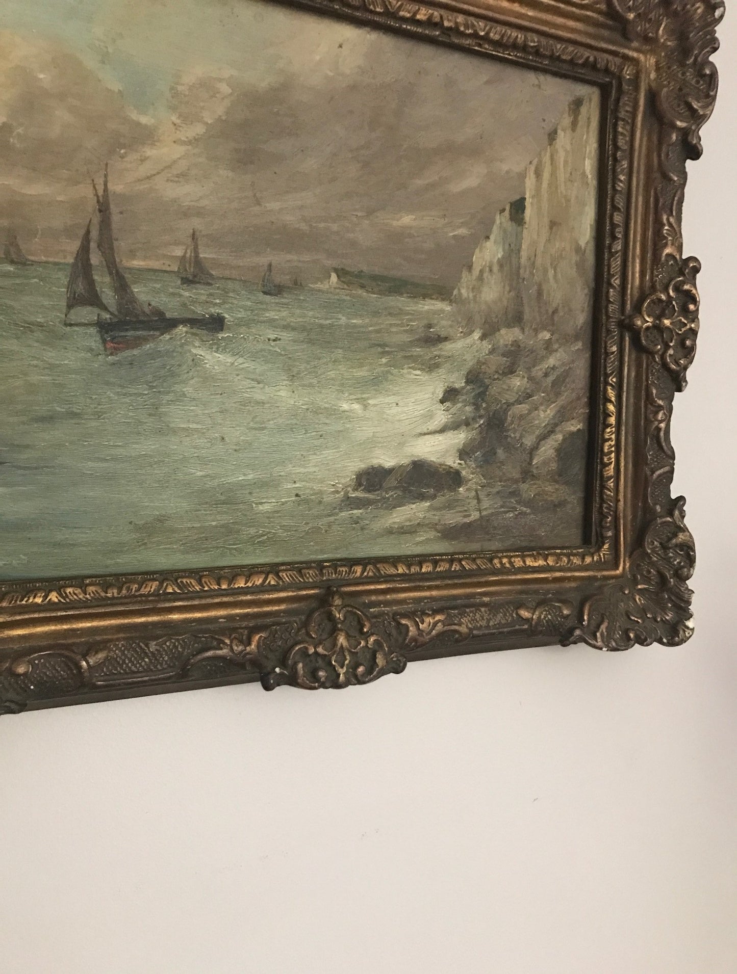 Stormy Seas French Oil on Board in Gilt Frame