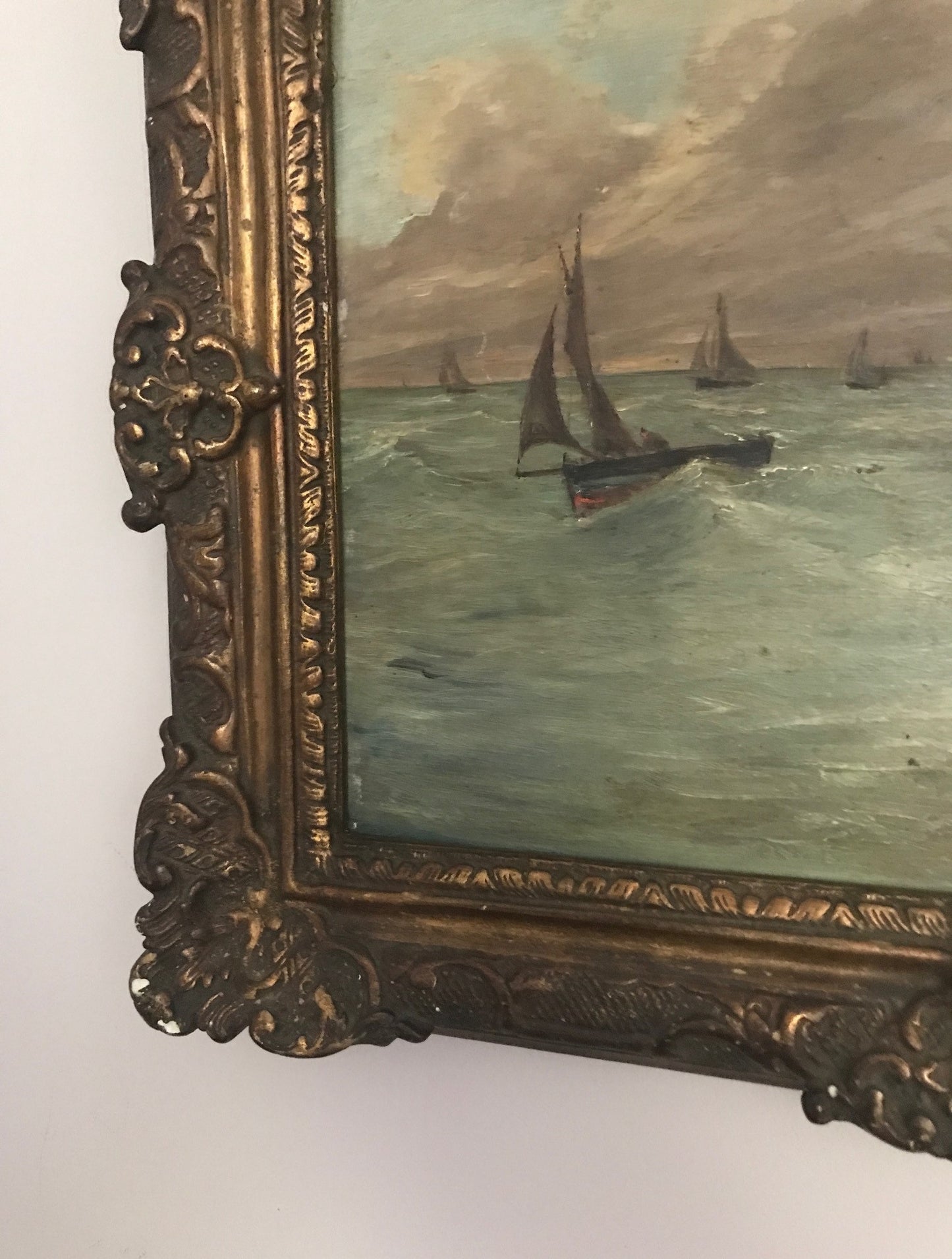 Stormy Seas French Oil on Board in Gilt Frame