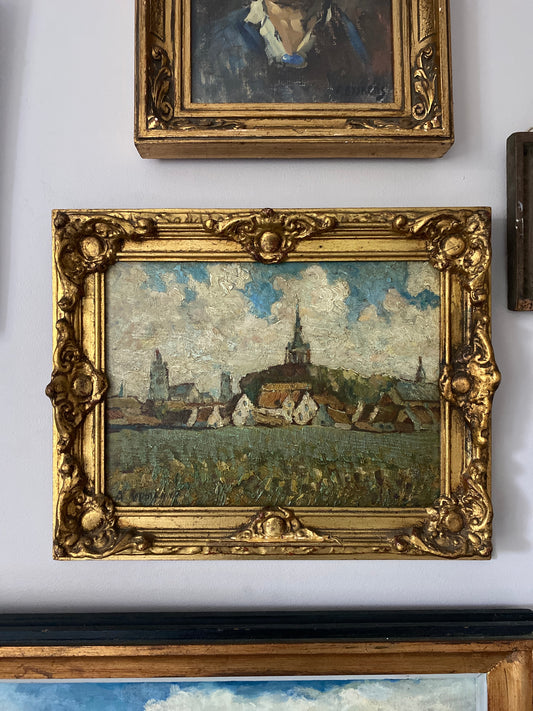 The Village Oil Painting in Gilt Frame