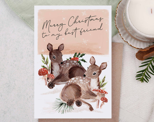 Merry Christmas Pink Reindeer Holiday Card - Best Friend