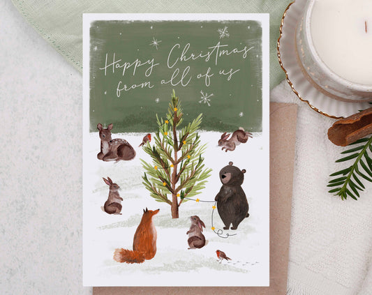 Happy Christmas Greetings Card With Forest Woodland Animals