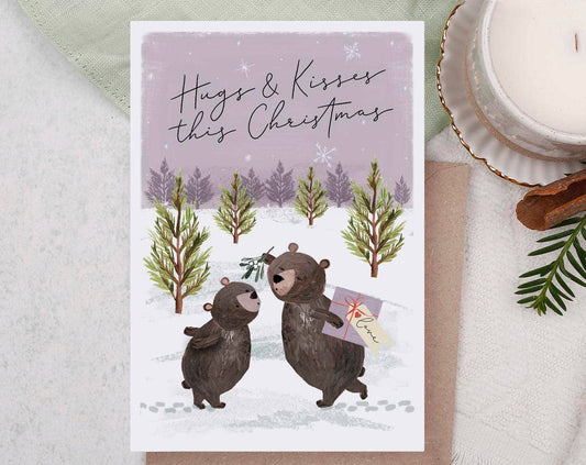 Christmas Holiday Greeting Card - Hugs & Kisses Bear