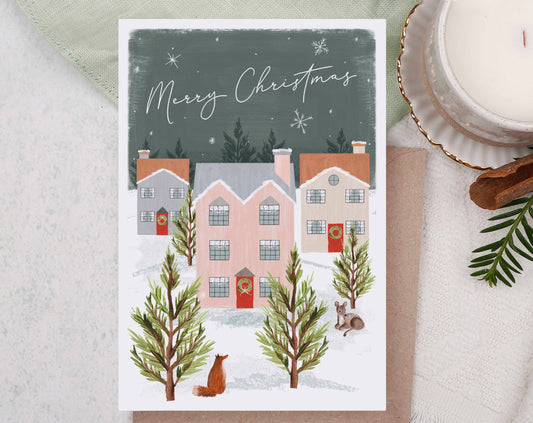 Merry Christmas Holiday Card - A Snowy Village and Home