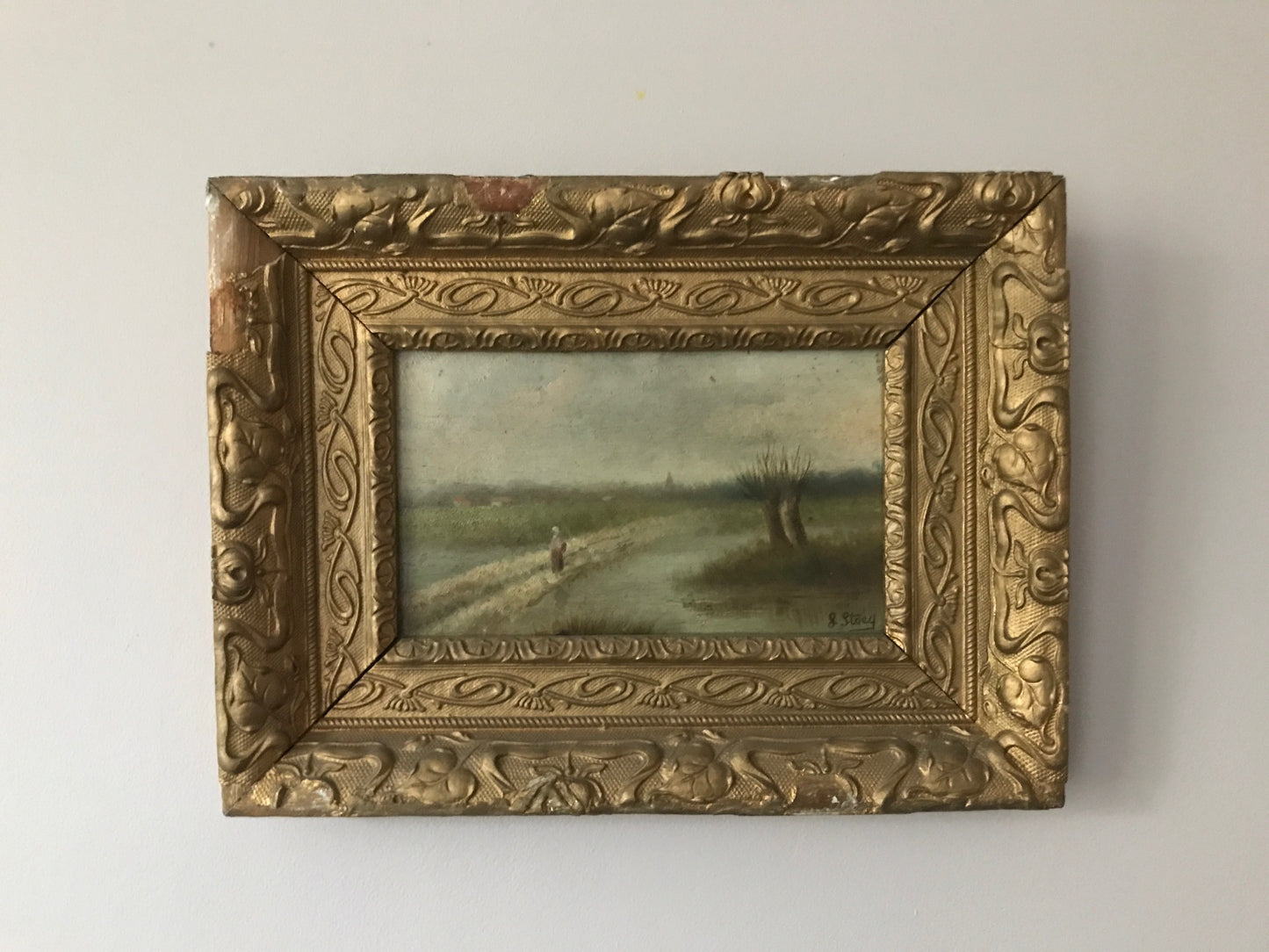 Walk along the Stream - French Oil on Board in Painted Frame