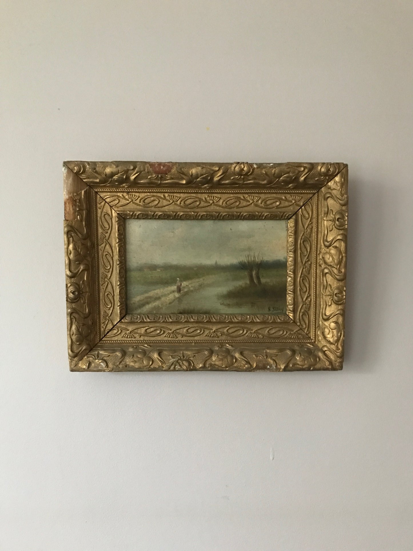 Walk along the Stream - French Oil on Board in Painted Frame