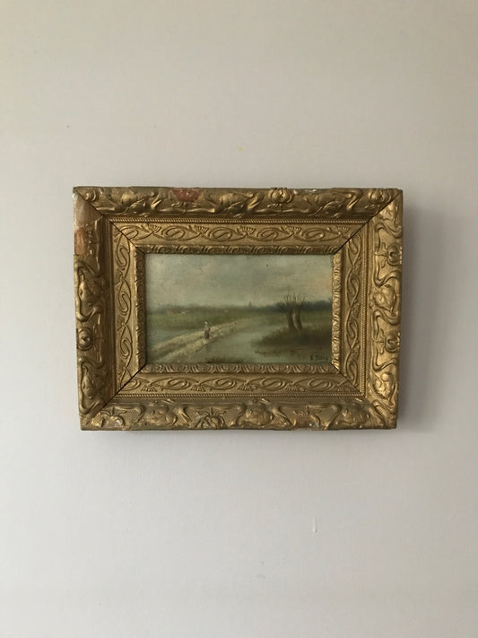 Walk along the Stream - French Oil on Board in Painted Frame