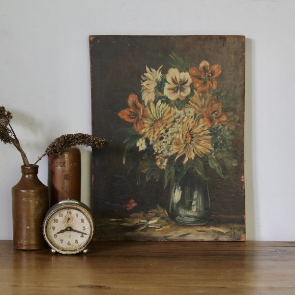 Antique Art French Floral Still Life - Oil on Board