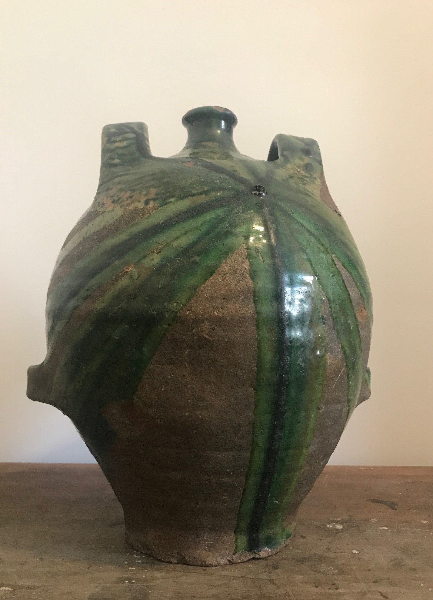 French Green Glazed Antique Stoneware Oil Pot