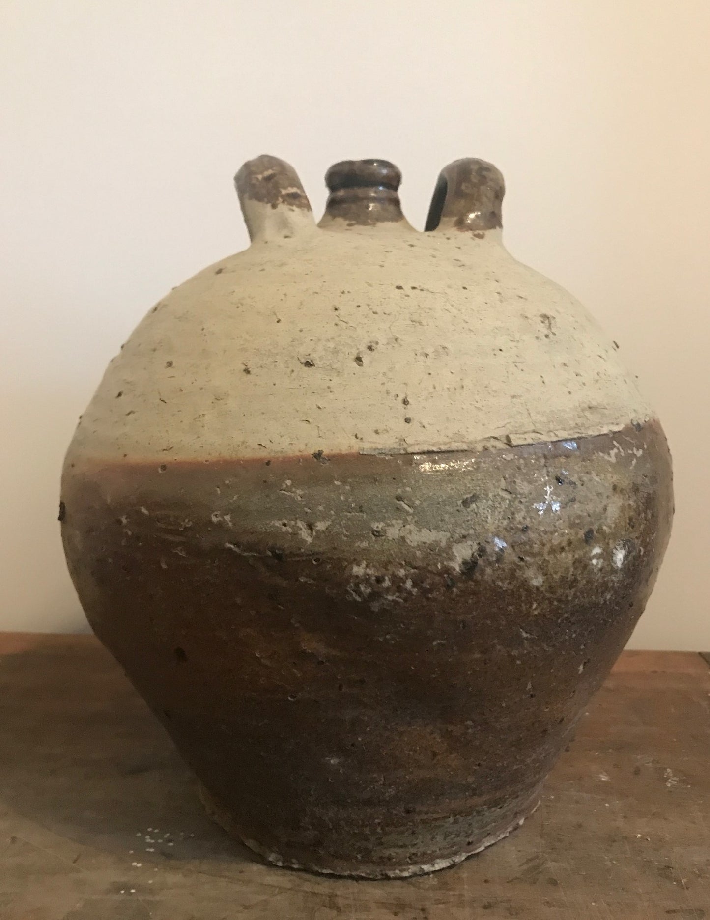 French Large Brown Glazed Antique Stoneware Oil Pot