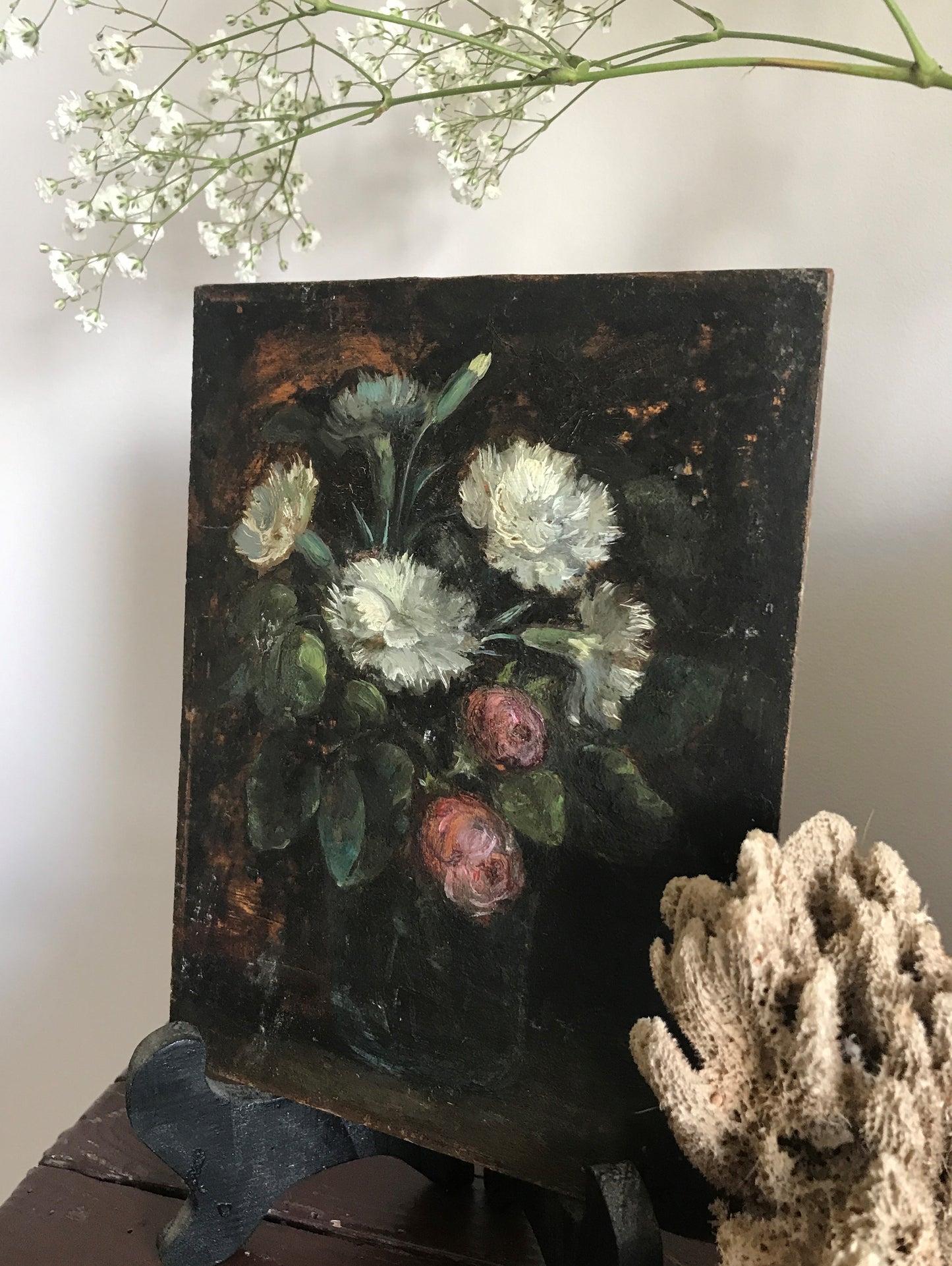 Beautiful Antique French Floral Painting - Oil on Board