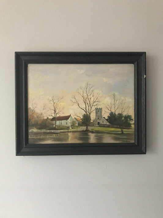 Oil on Canvas - Village and Lake Scene by J Dickson