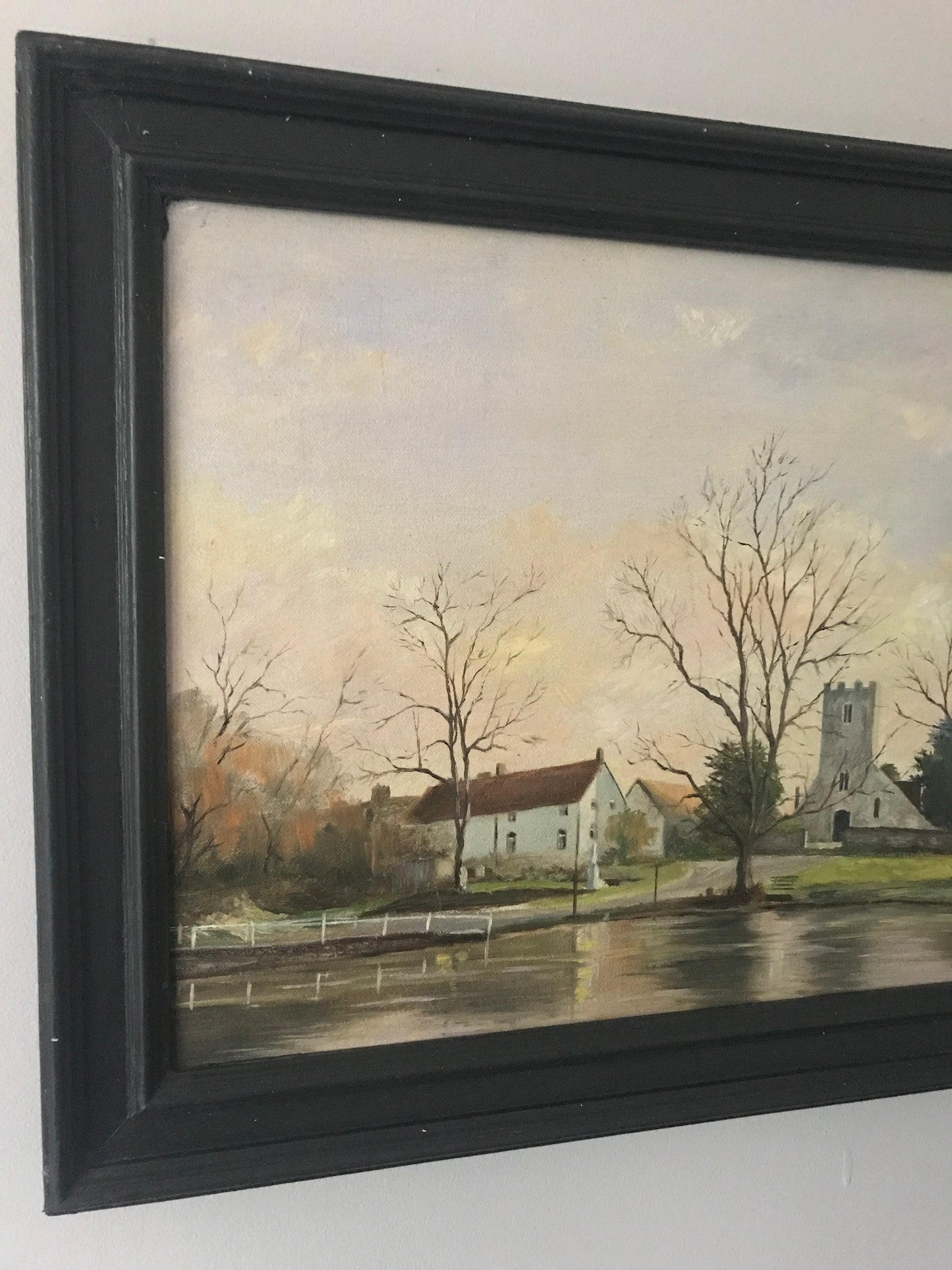 Oil on Canvas - Village and Lake Scene by J Dickson