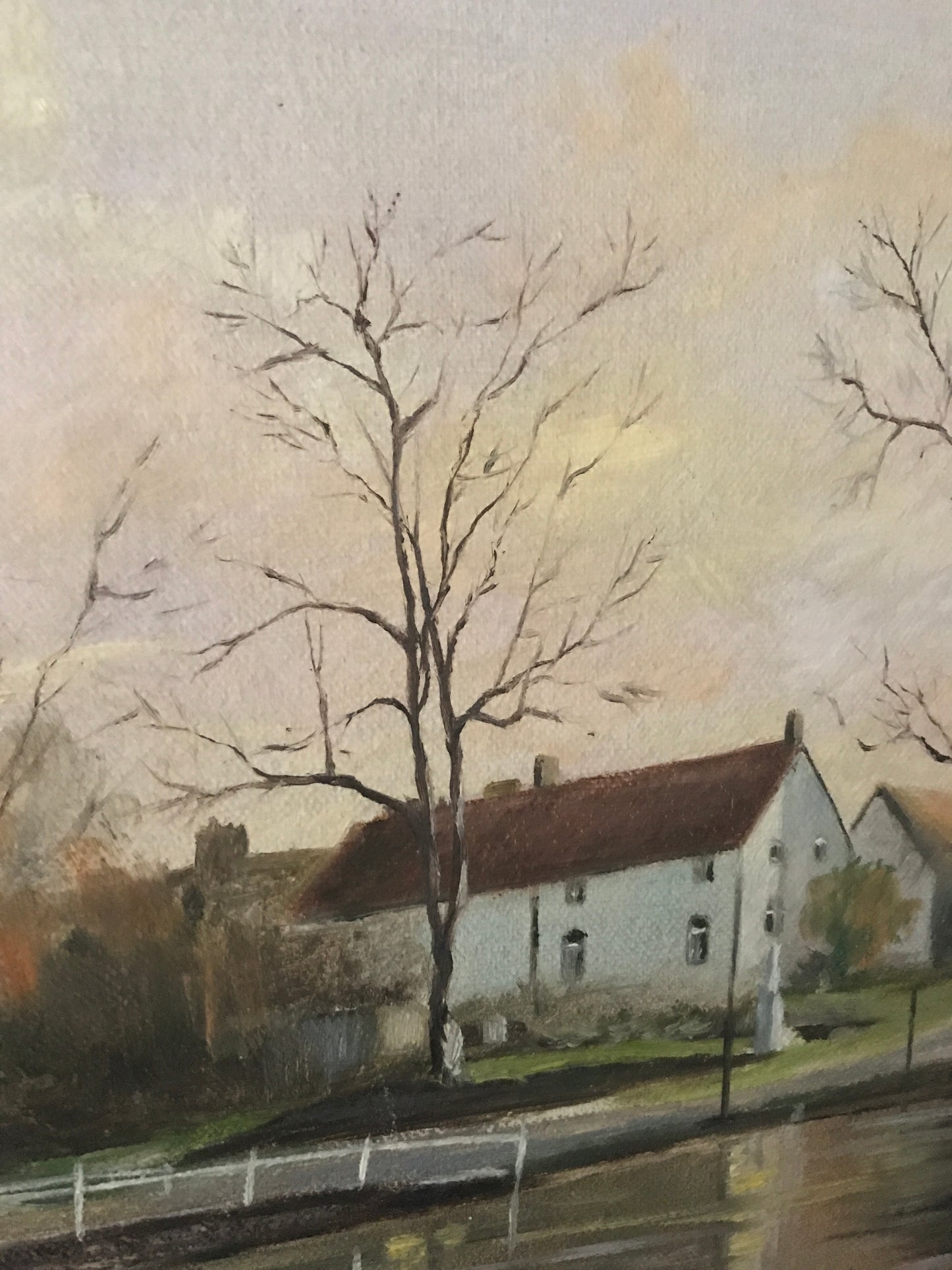 Oil on Canvas - Village and Lake Scene by J Dickson