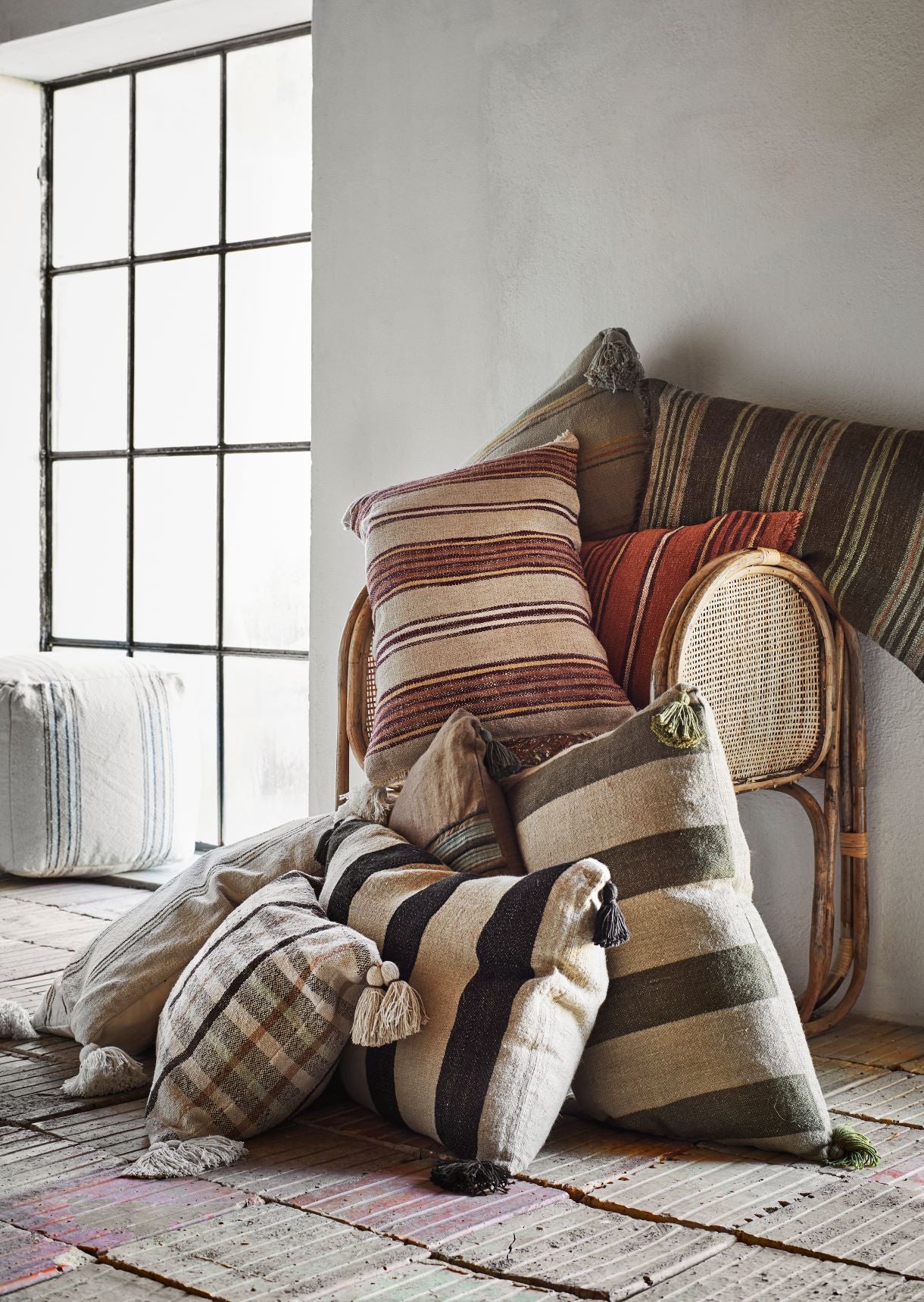 Khaki Striped Cushion Cover with Fringe