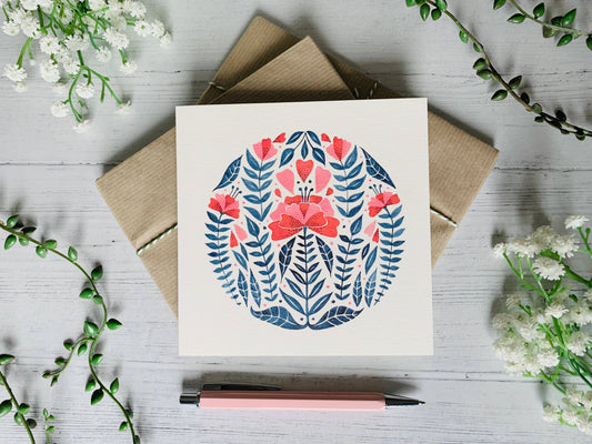 Blue and Red Folk Floral Greetings Card