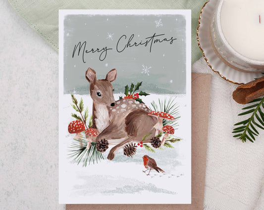 Christmas Holiday Greeting Card | Snowy Reindeer