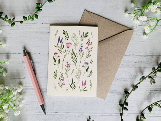 Pink and Purple Pressed Flowers Greeting Card