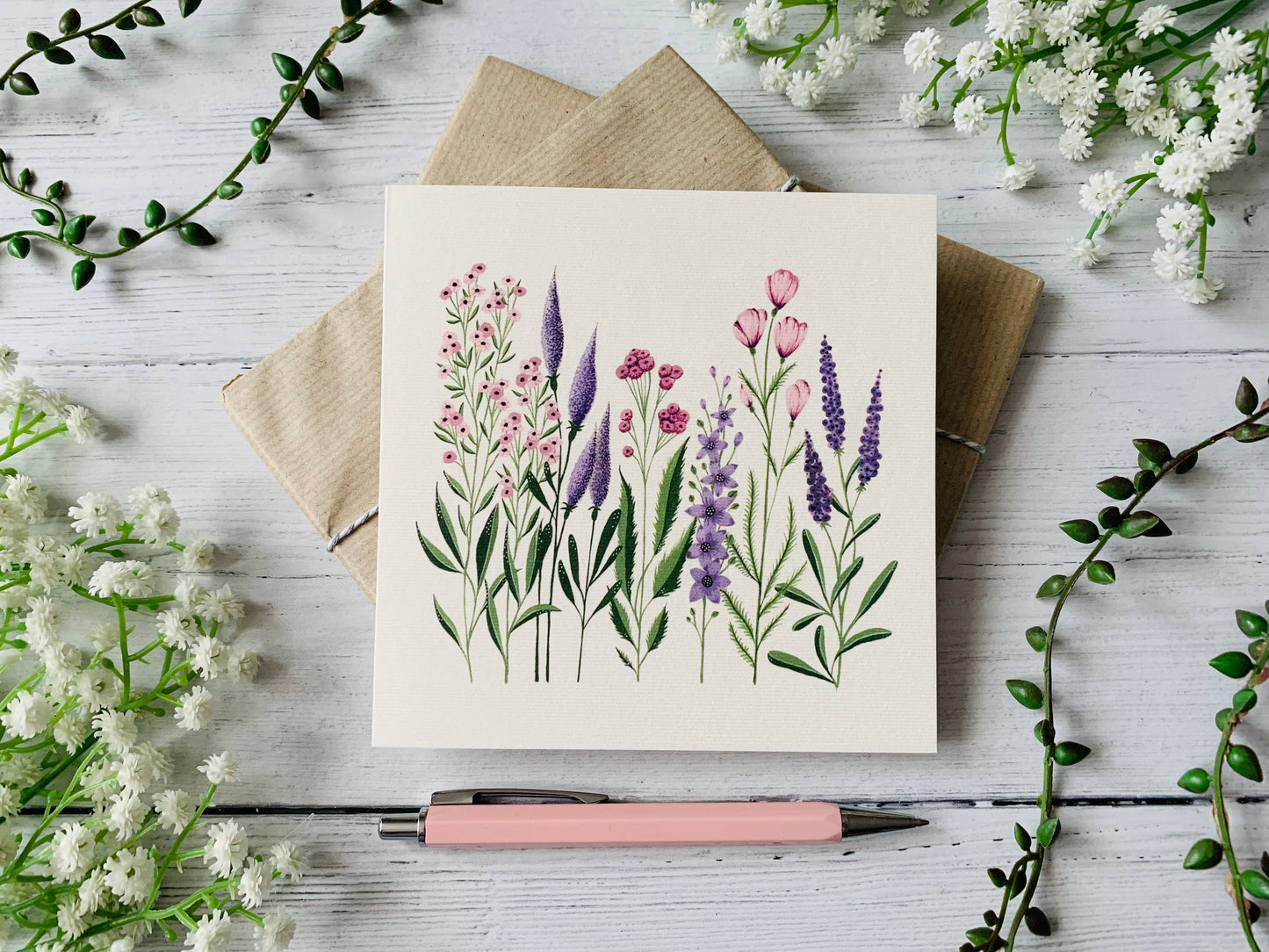 Row of Pink and Purple Wildflowers Greeting Card